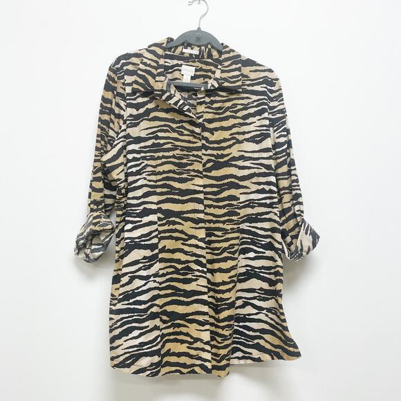 Chico's Women's 3 Animal Printed Non Iron Roll Tab Sleeve Button Up Blouse - Picture 1 of 7